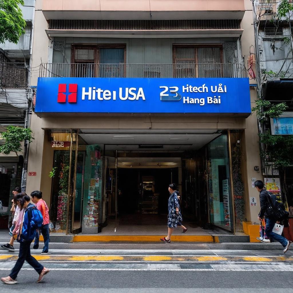 Cửa hàng Hitech USA tại số 23 Hàng Bài, Hoàn Kiếm, Hà Nội với kiến trúc mặt tiền đặc trưng